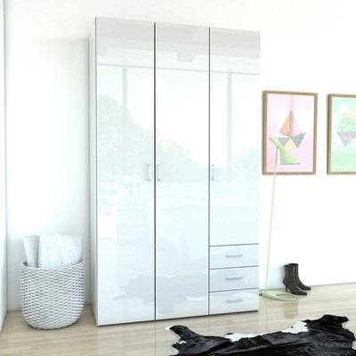 Kleiderschrank Suros Schrank weiß Hochglanz 3 Türen 3 Schubkästen Höhe