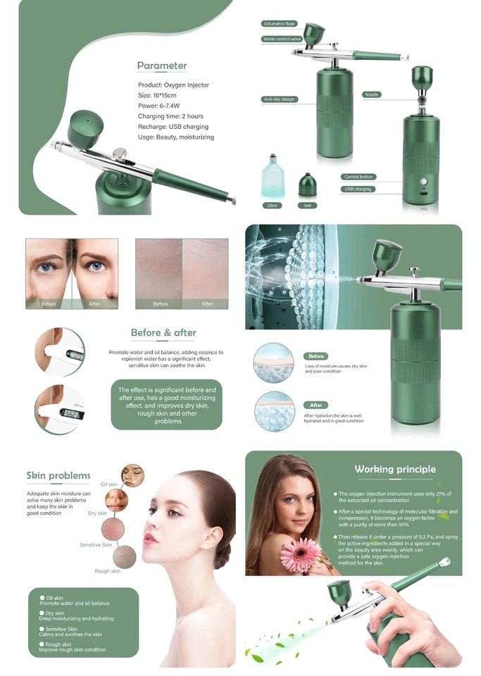 Mini compresor de aerógrafo portátil facial nano pulverizador de niebla inyector de oxígeno de agua Foto 2 de 4
