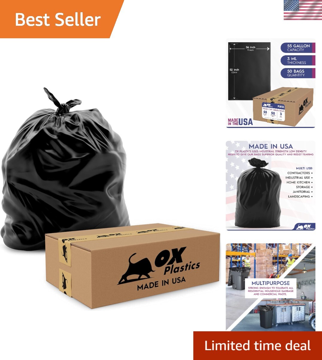 55 Galon Heavy Duty Black Trash Bags 3 MIL - 50 Count Large 36x52 IN Thick Ga...