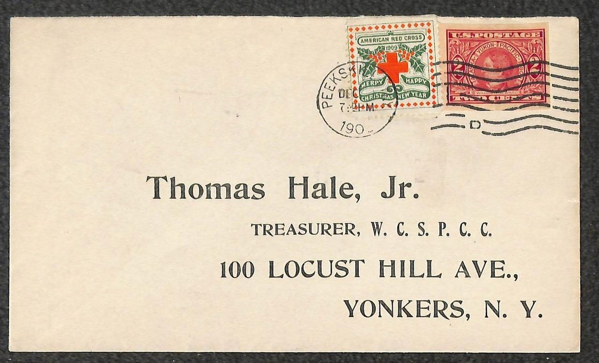 USA #371 IMPERF STAMP & WX5 TIED CHRISTMAS SEAL PEEKSKILL