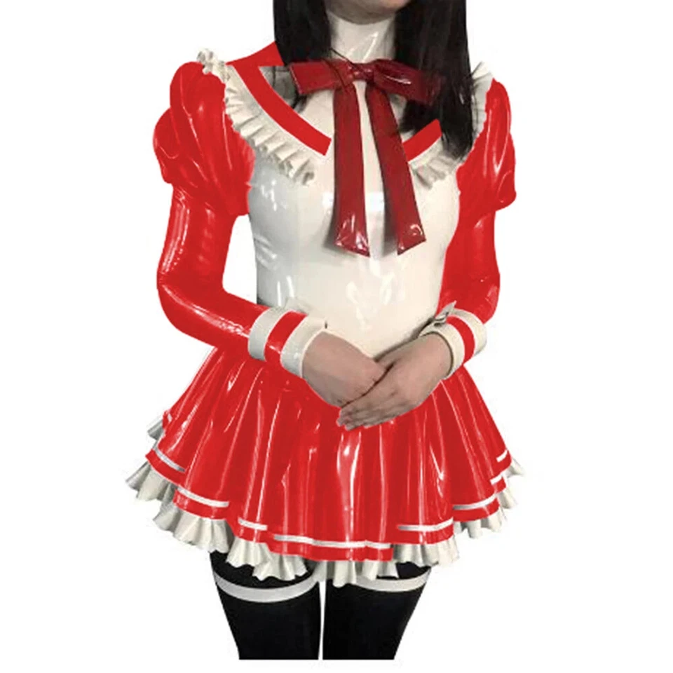 Shiny PVC High Neck Long Puff Sleeve Anime Maid Dress Sweet Maid Uniforms S-7XL - Image 2 of 4