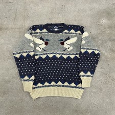 Woolrich Wool Nordic Ducks Sweater Mens L Blue Beige Pullover Winter Knit