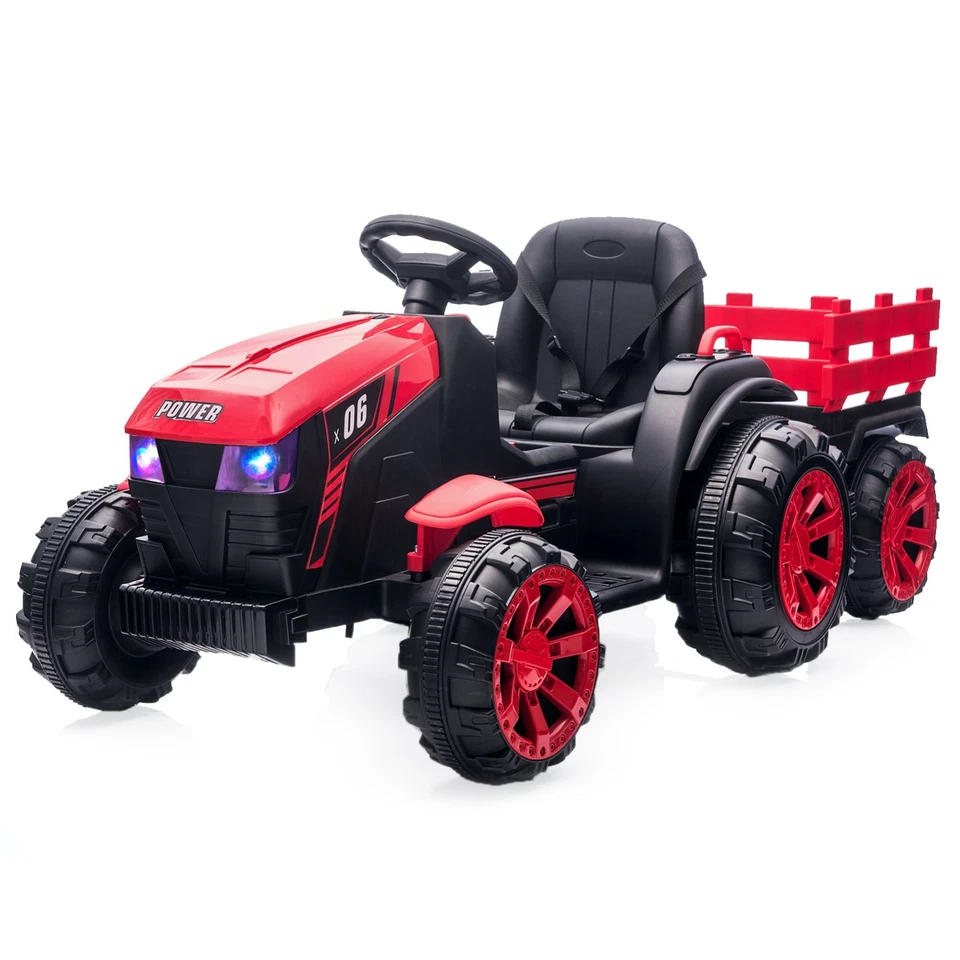 Tractor eléctrico de paseo GARVEE 12V para niños - luces LED, música, remolque, rojo Foto 2 de 4