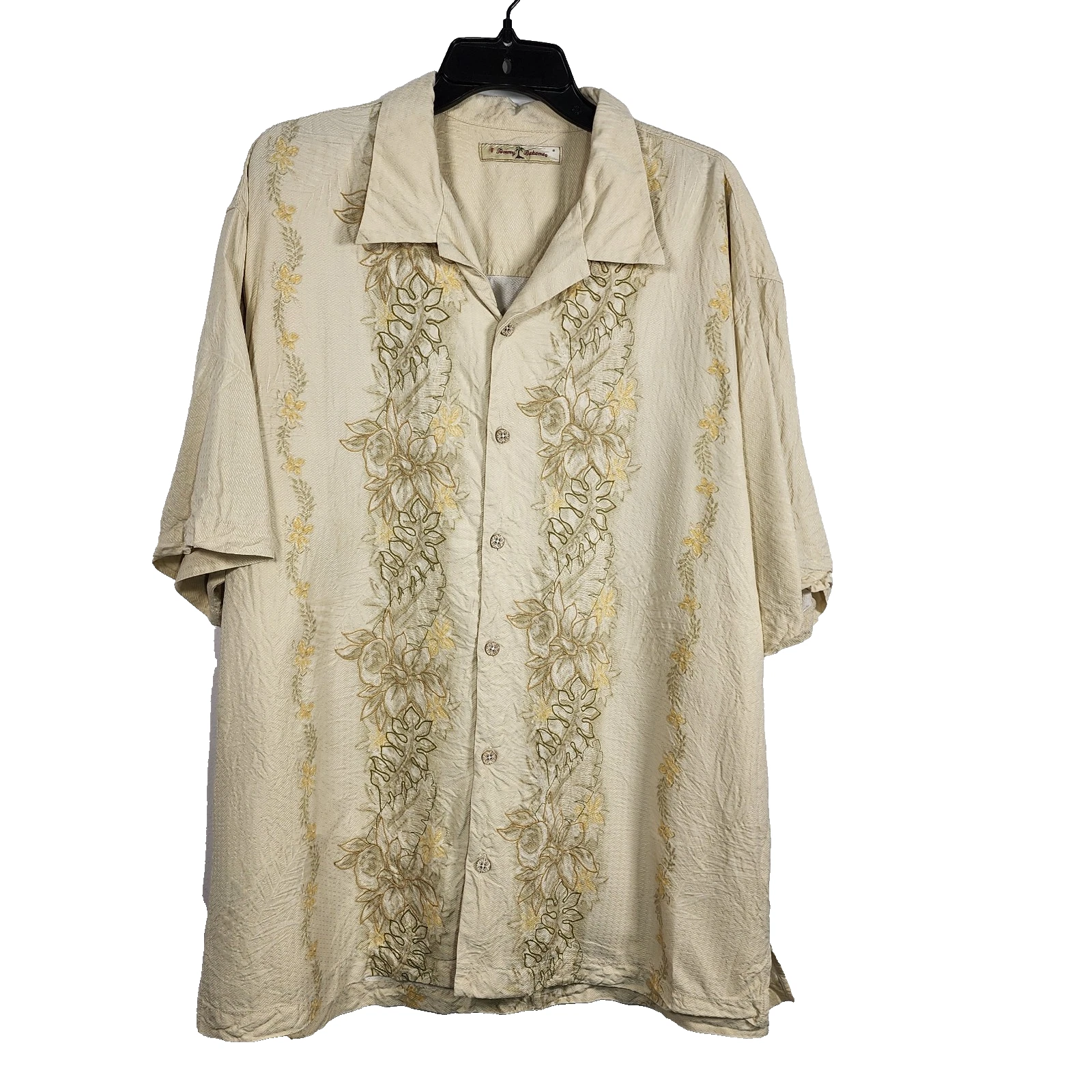 Tommy Bahama Mens 100% Silk Camp Shirt XL Embroidered Leaf Button Short Sleeve