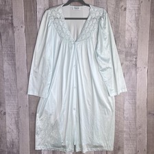 Vintage 80s Vanity Fair Womens Mint Green Robe Lace Yoke Covered Buttons Large