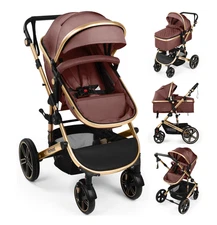 Coche Para Bebes Cochecito Para Niños Convertible Reversible Bassinet Pram Brown