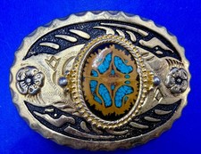 Inlaid Turquoise Chip Ornate Southwestern Centerpiece Fancy Belt Buckle
