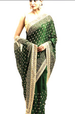 ELEGANT SARI 1 MINUTE SAREE FULL STITCHED WEDDING PARTY GREEN GOLD LARGE XL