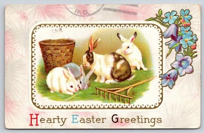 Easter~4 Bunnies~Rake & Wicker Basket~Emb~Stecher #105J~c1920 Vintage Postcard