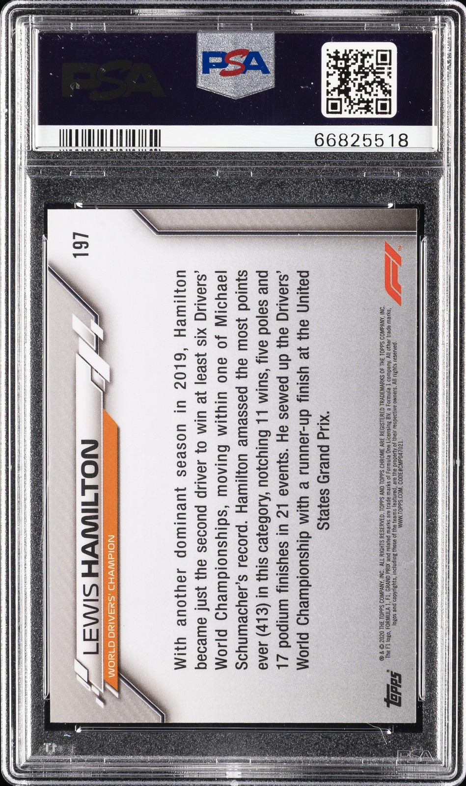 2020 TOPPS CHROME FORMULA 1 SAPPHIRE EDITION #197 LEWIS HAMILTON PSA 4 view 2