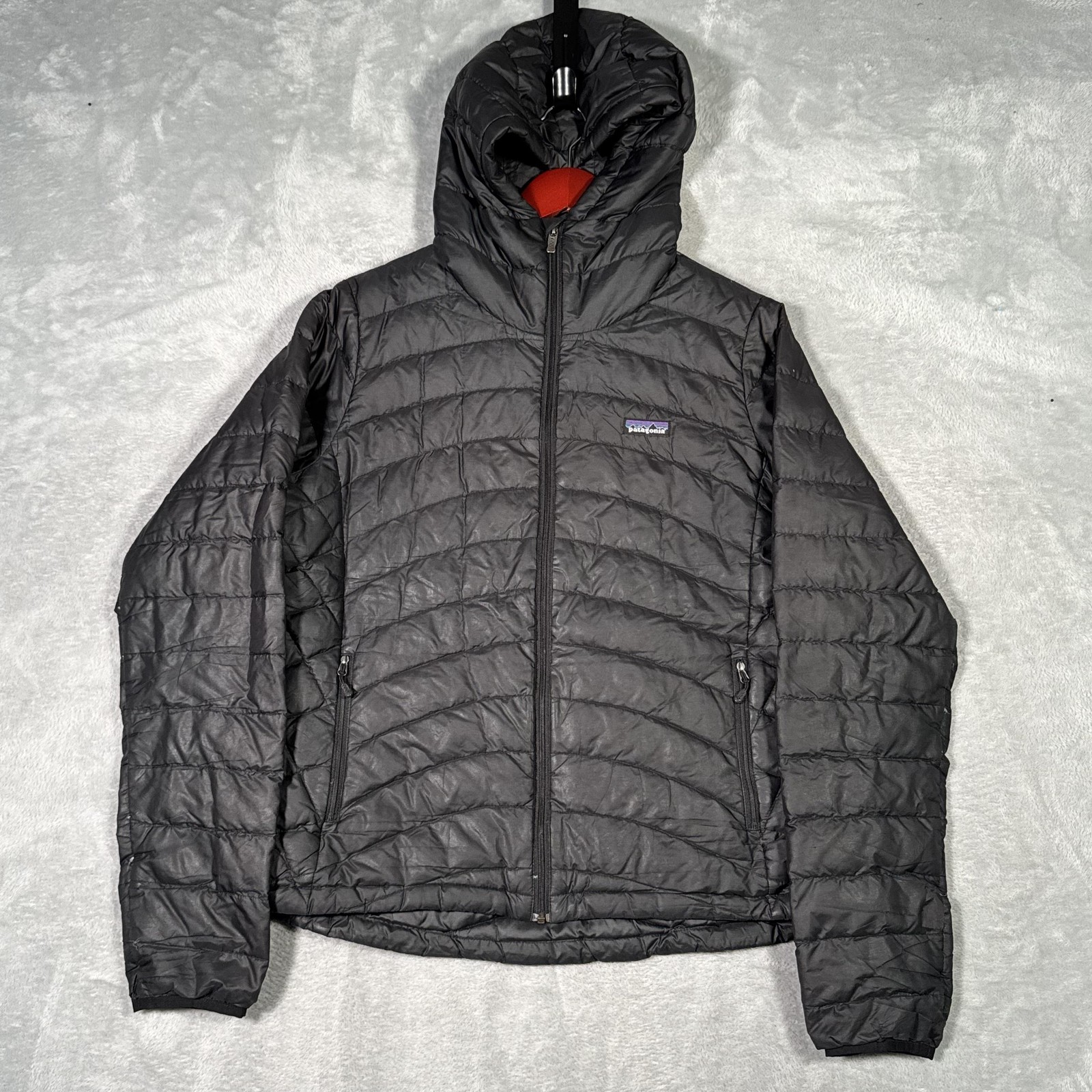 Patagonia Jacket Womens L Black Down Sweater Hoody Hooded Puffer Full Zip *FLAWS