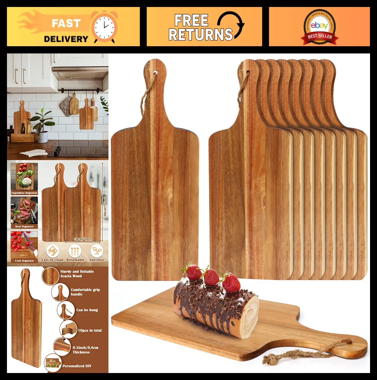 10 Pack Acacia Wood Cutting Boards 15x7" with Handles - Large Chopping & Serving
