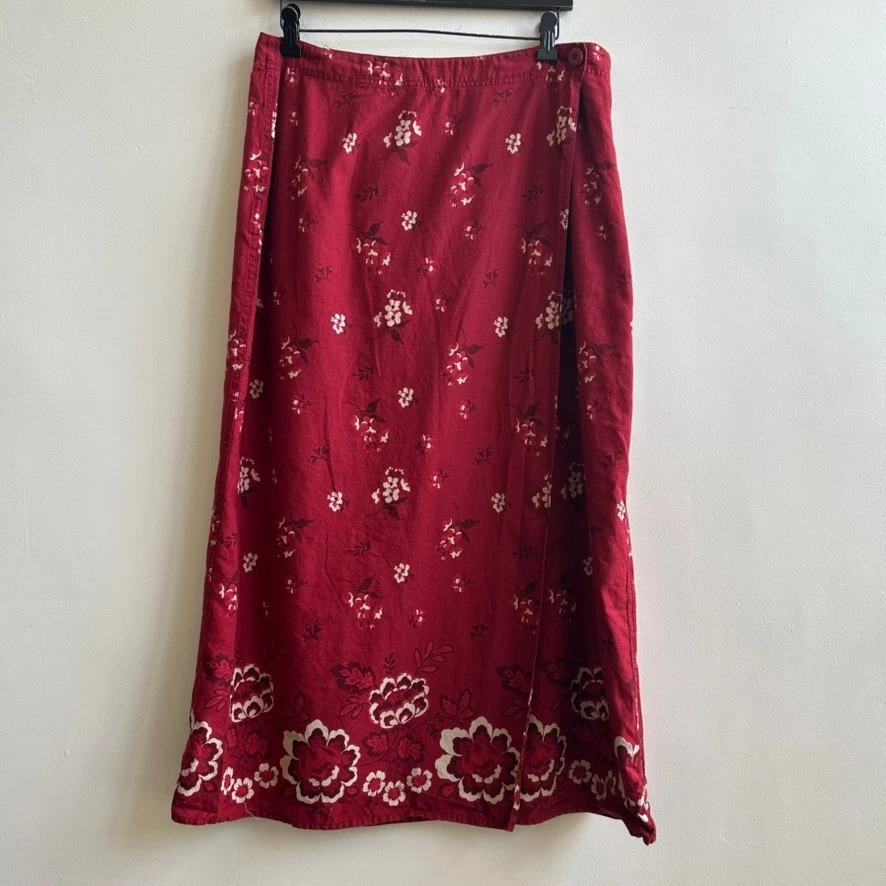 Eddie Bauer Maxi Wrap Skirt Linen Cotton Blend Red Floral Womens Size 14