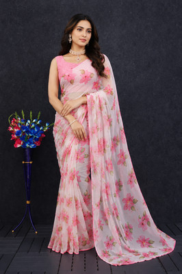 Pink Floral Print Chiffon Saree Women Party Wear Designer Saree Ethnic