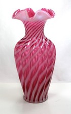 Vintage Fenton Cranberry Opalescent Glass Spiral Optic Melon Vase 11