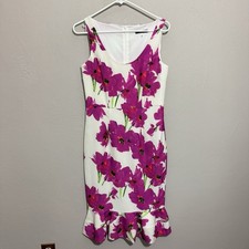 Trina Turk Pink Floral Dress Sleeveless Fitted Sheath Sz 4 Ruffle Hem