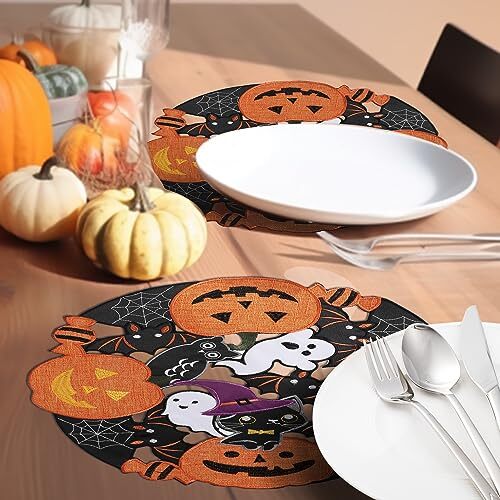 Halloween Placemats Set of 4, Embroidered Black Round 15" RD set of 4 - Bild 7 von 7