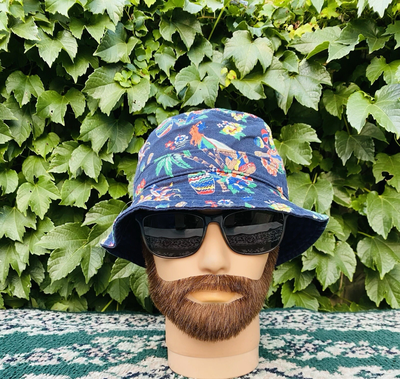Polo Ralph Lauren Blue Bear Aloha Palm Hawaiian Floral Pony Bucket Hat. S/M Size