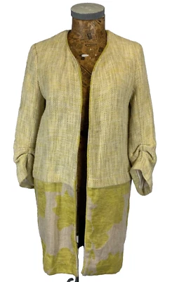 ZARA BLAZER JACKET SMALL BEIGE Yellow Lime Weave Floral Two Tone Open Front FLAW - Image 1 of 4