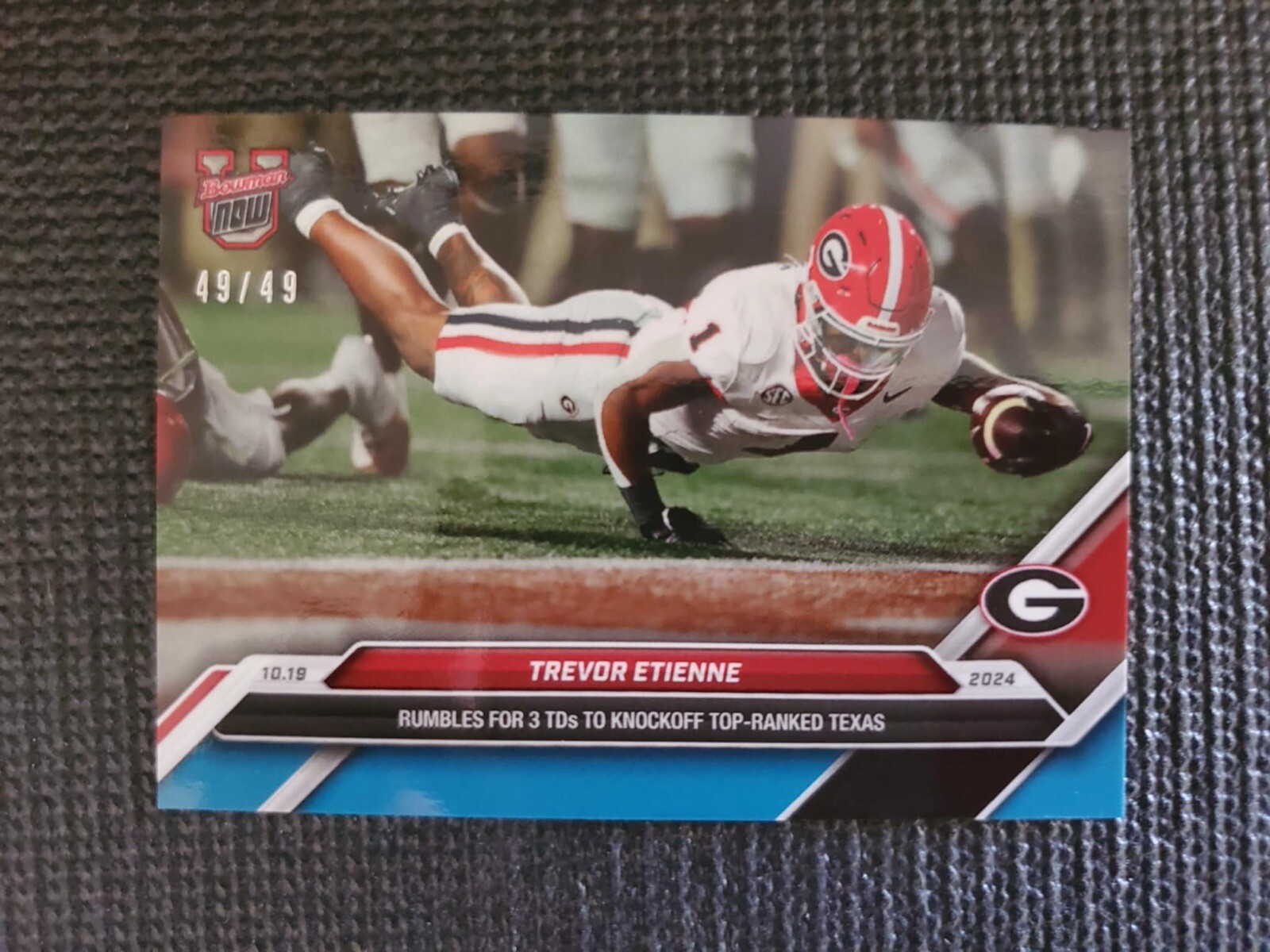Trevor Etienne TD 2024 Bowman U Now Football Card 31 Blue Parallel 49/49 Bookend