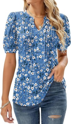Womens V Neck Tops Puff Short Sleeve T-Shirt Pleated Floral Printed ...