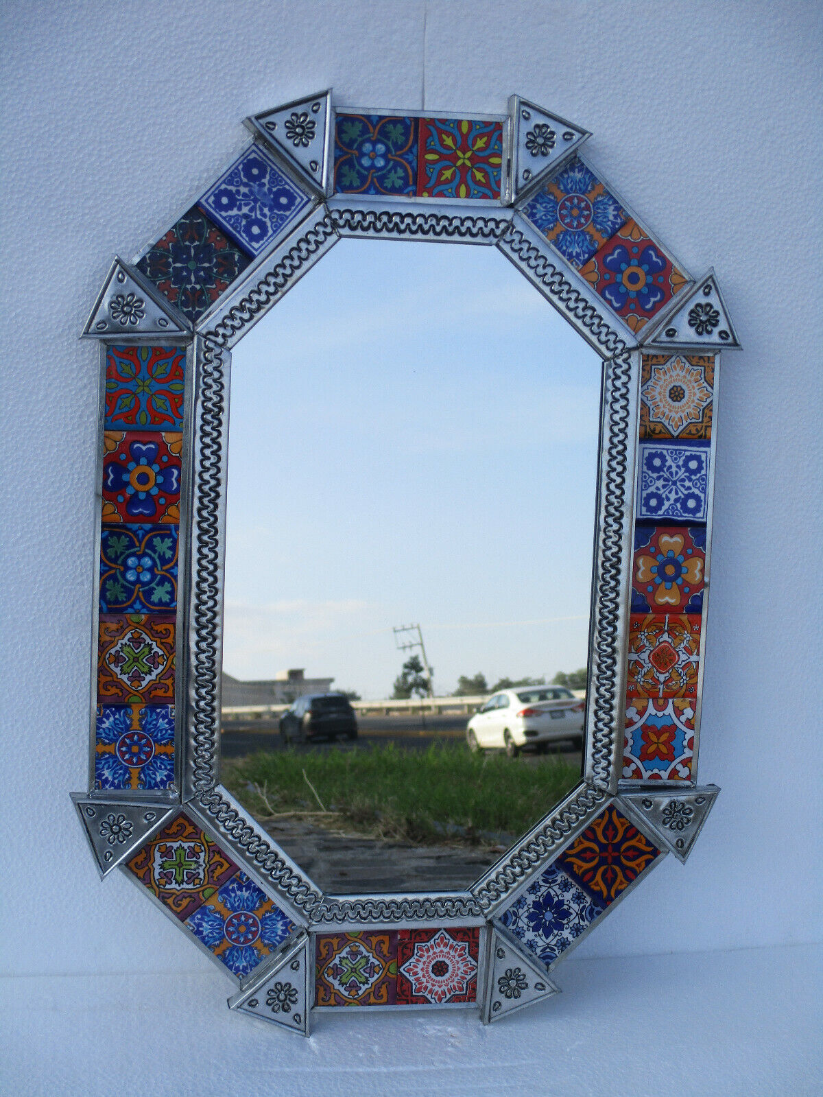 21" PUNCHED TIN MIRROR octagonal oval mixed talavera tiles mexican folk art 