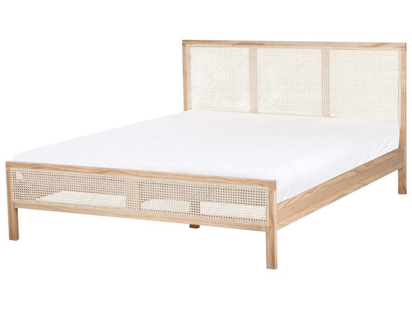 Bett Kiefernholz Hell Braun Mit Wiener Geflecht Kopfteil 160 X 200 Cm Salernas-image