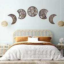 5 Pcs Moon Phase Wall Art Decor Wall Pediments Hanging Wooden Moon Phase Spir...
