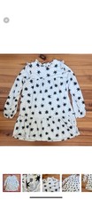 EUC Tea Collection Cream Black Star Patterned Dress Ruffle shoulder SZ 12 girls