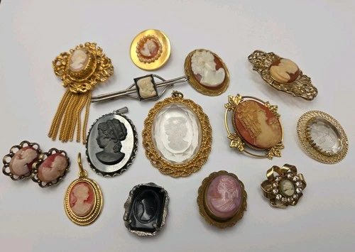 Lot Of 14 Vintage Costume Cameo Pin Brooch Earring Pendant Jewelry Group#20