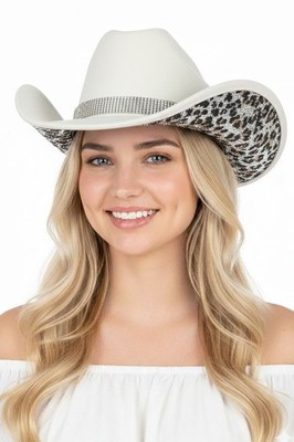 C.C Women's Cowgirl Cowboy Leopard Pattern Rhinestone Vegan Felt Cowboy Hat