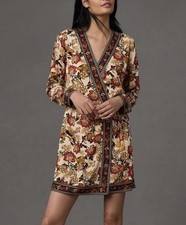 New FARM Rio Anthropologie Fall FloralLong-Sleeve Wrap Mini Dress XL