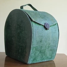 Antique Victorian Green Velvet Travel Collar Box Opens 2 Ways w/ Fabric Handle