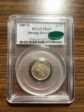 1887/6-P STRONG OVERDATE Three Cent Nickel 3CN PCGS PROOF PR 65 1887 Over 6 RARE