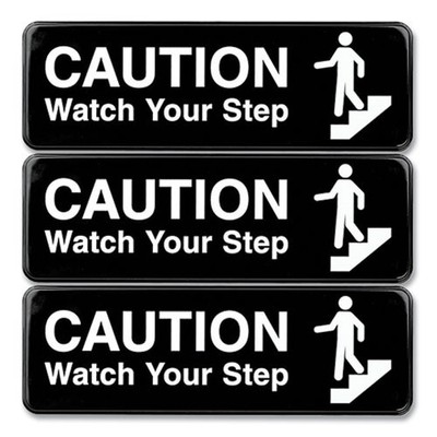 Excello Global Caution Watch Your Step Wall Sign, 9'' x 3'', Black Face, 3/Pack