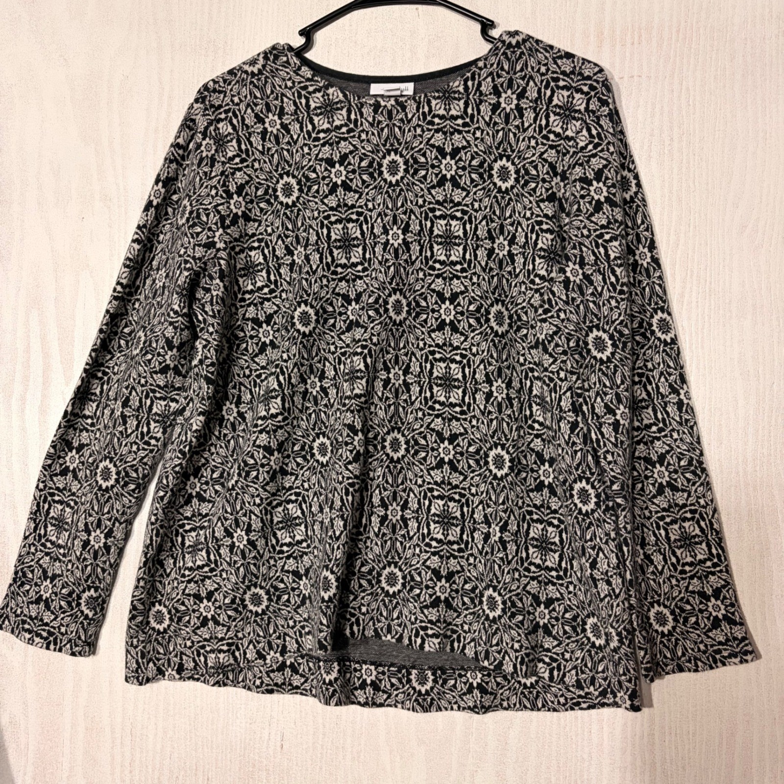 J. Jill Knit Top Womens Medium Black White Cotton Jacquard Floral Long Sleeve EX