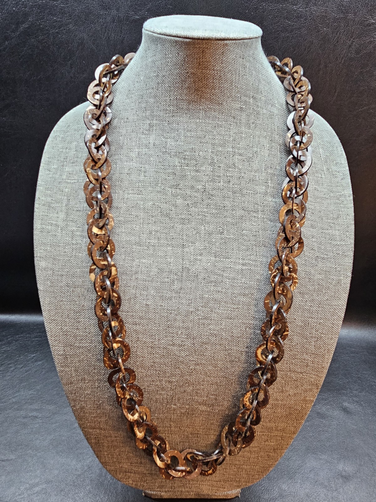 Vintage Long Amall Disk Coconut Shell Statement N… - image 1