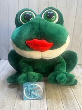Vintage Russ Berrie Smooches Frog Plush Green Velvet Stuffed Animal Toy 10"