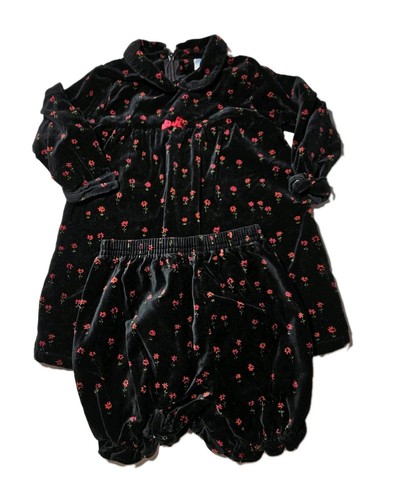 Vtg All Mine Girls 24 Month 2 Pc Velvet Velour Black Floral Dress With Bottoms  - 第 1/10 張圖片
