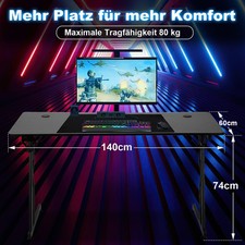 120/140cm Gaming Tisch mit LED, Höhenverstellbarer Schreibtisch  Z-Form,Schwarz
