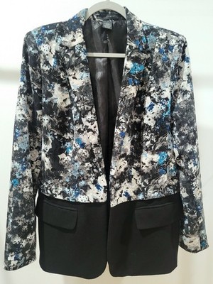 ABSTRACT PRINT Grace Elements Open Front Blazer Color Block Lined Blu/Blk 12