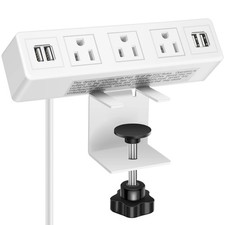 3 AC Outlet Desk Clamp Power Strip White, Desk Mount USB Charging Power Stati...
