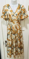 Emery Rose Women’s Orange Rust Ivory Green Floral Print Midi Modest Belt Dress M