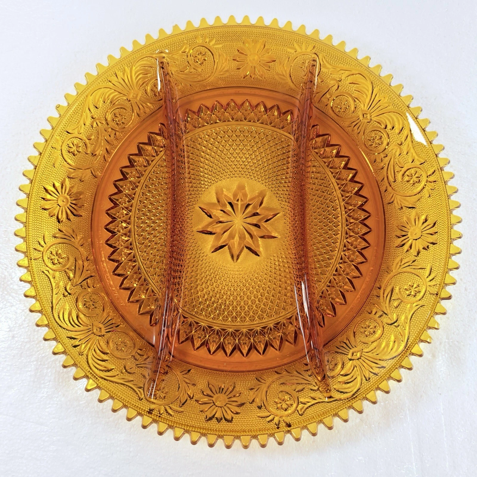 Vintage Indiana Tiara Amber Sandwich Glass 3-Section Divided Serving Platter 12"