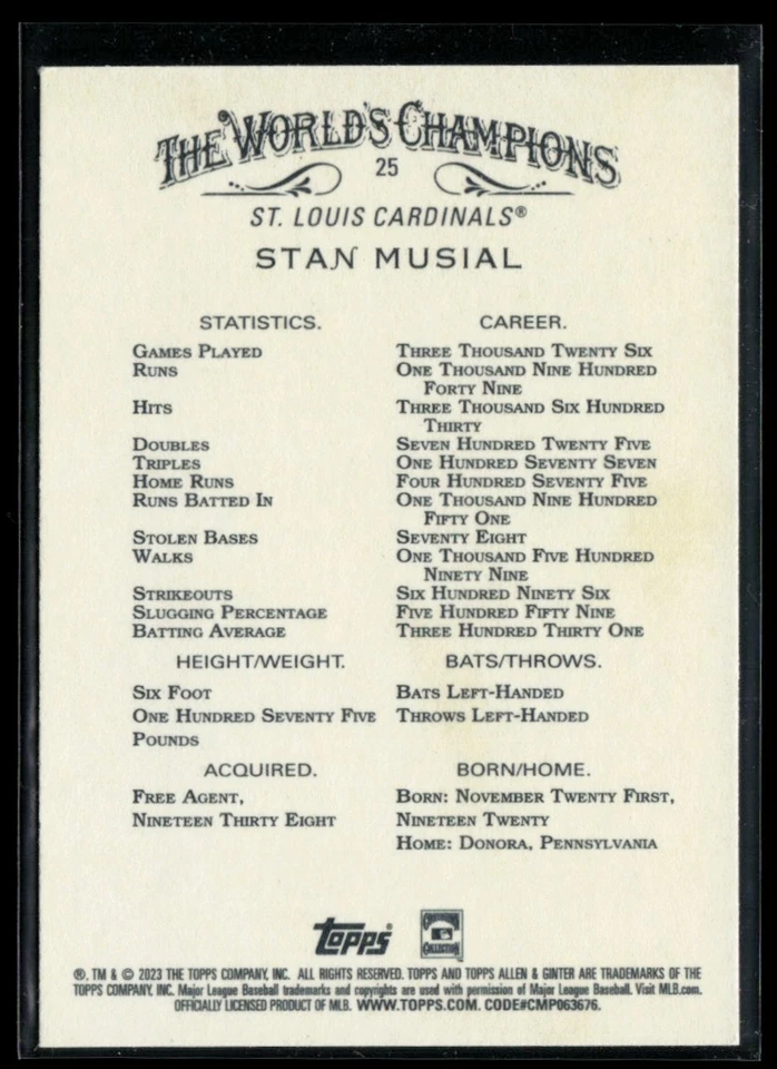 2023 Topps Allen & Ginter Silver Portrait #25 Stan Musial - Image 2 of 2