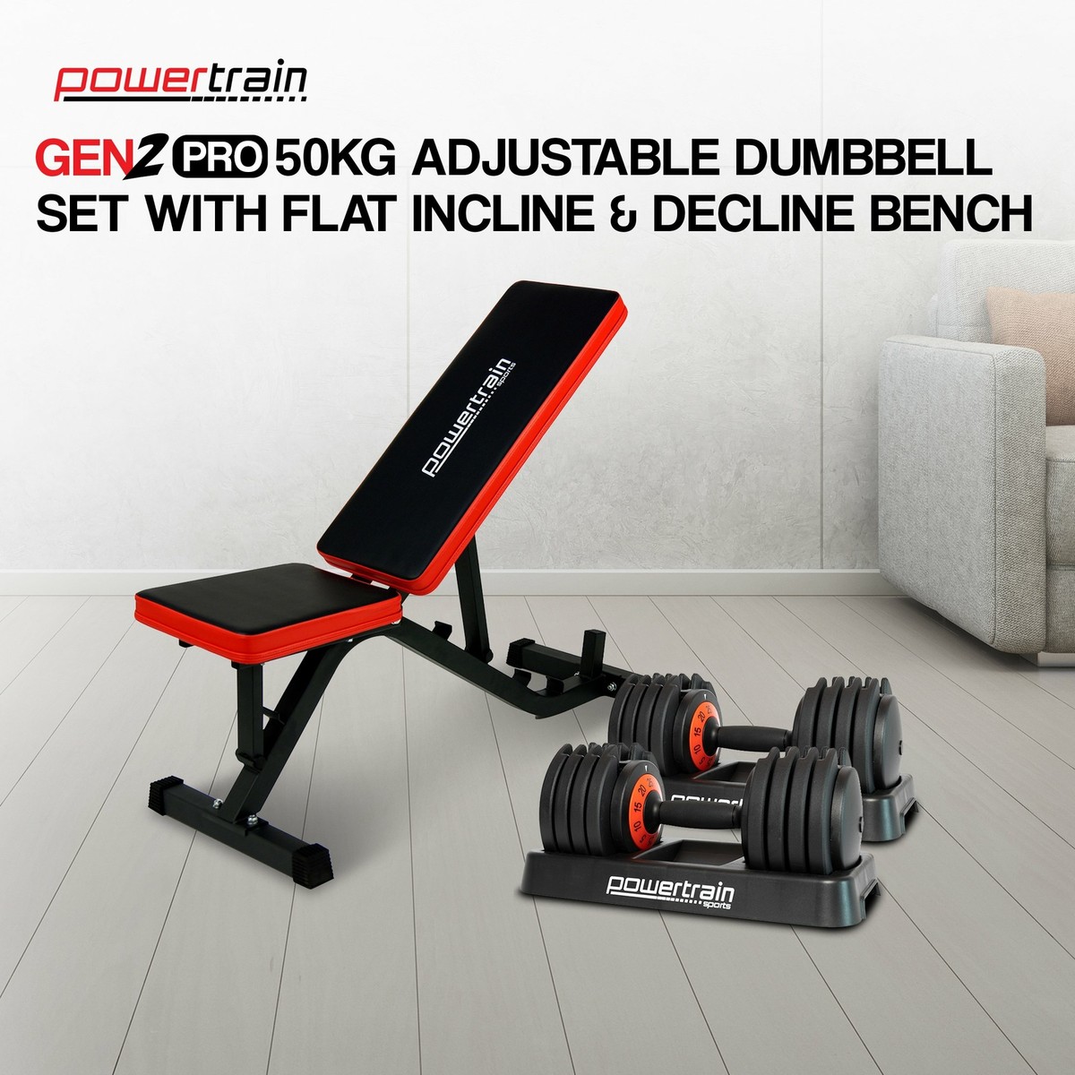 Powertrain Gen2 Pro 50KG Adjustable Dumbbell Set with Flat Incline 
