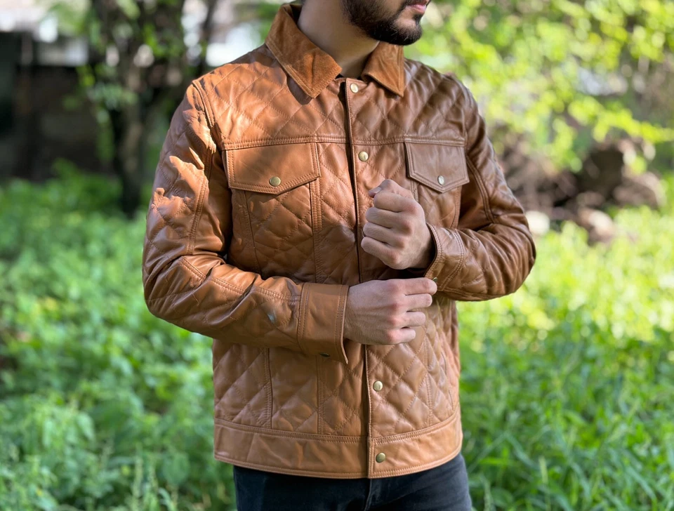 Mens Brown Leather Trucker Jacket Quilted Jacket Biker Leather Jacket - Image 2 of 4