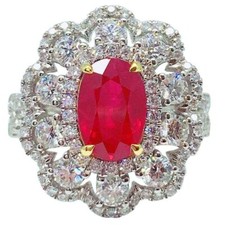 2.99 CT Oval cut Blood Red Burmese Ruby halo Cluster Engagement Ring 925 Silver.