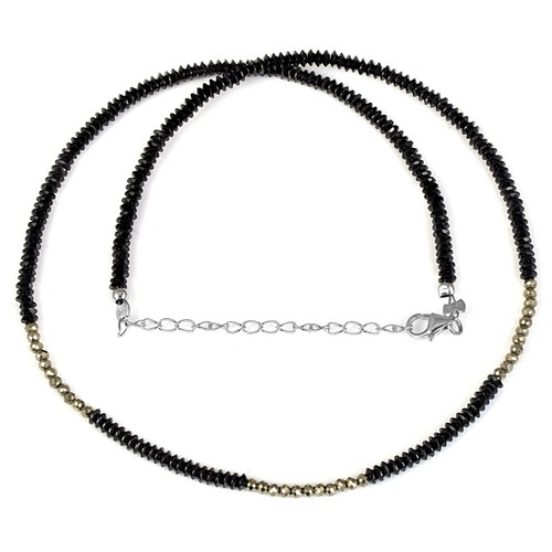 Nera Naturale Spinello & Argento Pirite Perline Catena 18 " Filo Fatto Collana - Foto 4 di 4
