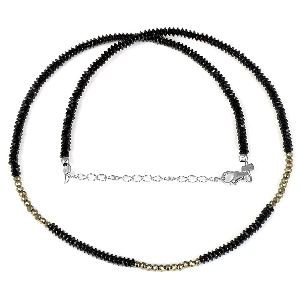 Nera Naturale Spinello & Argento Pirite Perline Catena 18 " Filo Fatto Collana - Immagine 4 di 4